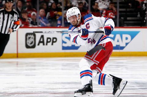 NEWARK, NEW JERSEY – APRIL 18: Jacob Trouba #8 of the New York Rangers skates against the New Jersey Devils during Game One in the First Round of the 2023 Stanley Cup Playoffs at the Prudential Center on April 18, 2023, in Newark, New Jersey. (Photo by Bruce Bennett/Getty Images)