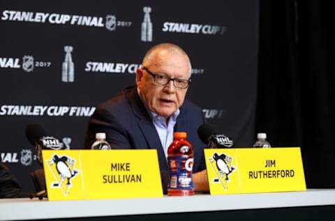 PITTSBURGH, PA – MAY 28: General Manager Jim Rutherford of the Pittsburgh Penguins answers questions in a press conference during Media Day for the 2017 NHL Stanley Cup Final at PPG PAINTS Arena on May 28, 2017 in Pittsburgh, Pennsylvania. (Photo by Bruce Bennett/Getty Images)