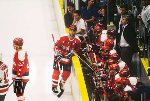 EAST RUTHERFORD, NJ – 1988: The New Jersey Devils’ Scott Stevens takes a break in front of his teams bech during the Patrick Division Finals against the Washington Capitals at the Meadowlands Arena circa 1987-88 season in East Rutherford, New Jersey. (Photo by Focus on Sport via Getty Images)