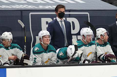 ANAHEIM, CALIFORNIA – APRIL 24: Head coach Dallas Eakins of the Anaheim Ducks looks on from the bench during the first period of a game against the Vegas Golden Knights at Honda Center on April 24, 2021 in Anaheim, California. (Photo by Sean M. Haffey/Getty Images)