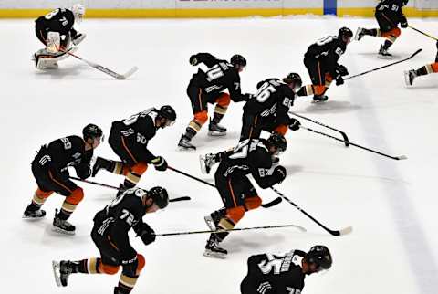 IRVINE, CA – JUNE 29: Anaheim Ducks team Morrison does end to end sprints after losing an Anaheim Ducks Development Camp game to Ducks team Wilford on June 29, 2019, at FivePoint Arena at the Great Park Ice in Irvine, CA. (Photo by John Cordes/Icon Sportswire via Getty Images)