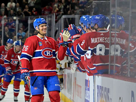 Nov 16, 2023; Montreal, Quebec, CAN; Montreal Canadiens defenseman Johnathan Kovacevic. Mandatory Credit: Eric Bolte-USA TODAY Sports