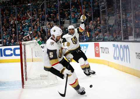 SAN JOSE, CALIFORNIA – OCTOBER 04: William Carrier #28 of the Vegas Golden Knights celebrates after he scored a goal against the San Jose Sharks in the first period at SAP Center on October 04, 2019 in San Jose, California. (Photo by Ezra Shaw/Getty Images)