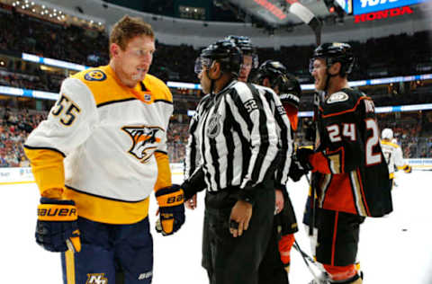 ANAHEIM, CALIFORNIA – MARCH 12: Cody McLeod #55 of the Nashville Predators stands up after being knocked to the ground during a fight with members of the Anaheim Ducks during the second period at Honda Center on March 12, 2019, in Anaheim, California. (Photo by Katharine Lotze/Getty Images)