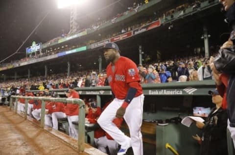 Sep 30, 2016; Boston, MA, USA; Boston Red Sox designated hitter David Ortiz (34) is honored before the start of the game against the Toronto Blue Jays at Fenway Park. Mandatory Credit: David Butler II-USA TODAY Sports