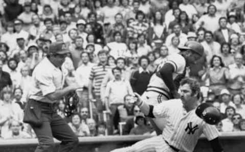 Catcher Thurman Munson of the New York Yankees slides safe during a game in October of 1978. (Photo by Louis Requena/MLB via Getty Images)