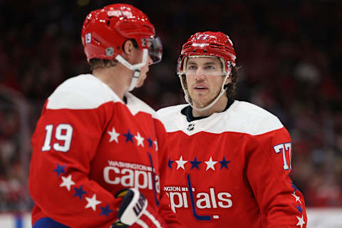 WASHINGTON, DC – FEBRUARY 10: T.J. Oshie #77 of the Washington Capitals looks on against the New York Islanders during the second period at Capital One Arena on February 10, 2020 in Washington, DC. (Photo by Patrick Smith/Getty Images)