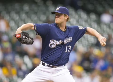 Jun 8, 2016; Milwaukee, WI, USA; Milwaukee Brewers pitcher Will Smith (13) throws a pitch during the ninth inning against the Oakland Athletics at Miller Park. Milwaukee won 4-0. Mandatory Credit: Jeff Hanisch-USA TODAY Sports