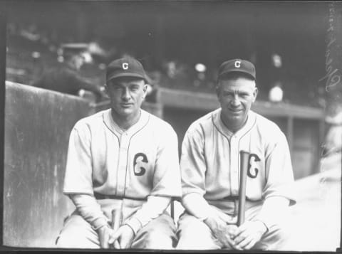 Tris Speaker sits with third baseman Larry Gardner at Cleveland’s League Park.