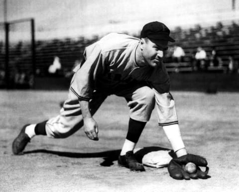 1933: Pie Traynor #20 of the Pittsburgh Pirates poses for an action portrait circa 1933. (Photo by Bruce Bennett Studios/Getty Images)