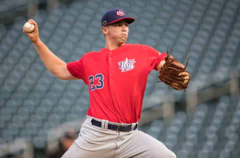 MINNEAPOLIS, MN- AUGUST 24: Adam Kloffenstein #23 of the USA Baseball 18U National Team during the national team trials on August 24, 2017 at Target Field in Minneapolis, Minnesota. (Photo by Brace Hemmelgarn/Getty Images)