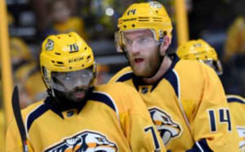 Nashville Predators defenseman Mattias Ekholm (14) talks with defenseman P.K. Subban (76) (Christopher Hanewinckel-USA TODAY Sports)