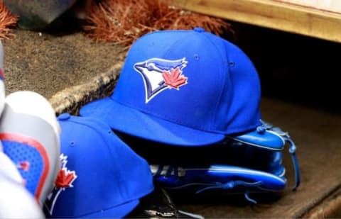 Oct 4, 2015; St. Petersburg, FL, USA; Toronto Blue Jays hat and glove lay in the dugout against the Tampa Bay Rays at Tropicana Field. Mandatory Credit: Kim Klement-USA TODAY Sports