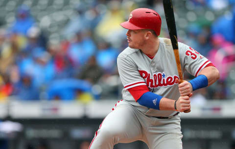 NEW YORK, NY – SEPTEMBER 09: Justin Bour #33 of the Philadelphia Phillies hits a home run against the New York Mets during the ninth inning of a game at Citi Field on September 9, 2018 in the Flushing neighborhood of the Queens borough of New York City. The Mets defeated the Phillies 6-4. (Photo by Rich Schultz/Getty Images)