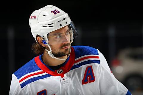 NEW YORK, NY – APRIL 05: Mats Zuccarello #36 of the New York Rangers skates against the New York Islanders at Barclays Center on April 5, 2018 in New York City. New York Islanders defeated the New York Rangers 2-1. (Photo by Mike Stobe/NHLI via Getty Images)