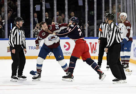 Colorado Avalanche’s Kurtis MacDermid (L) and Columbus Blue Jackets’ Mathieu Olivier exchange punches during the 2022 NHL Global Series ice hockey match Colorado Avalanche vs Columbus Blue Jackets in Tampere on November 5, 2022. – – Finland OUT (Photo by Emmi Korhonen / Lehtikuva / AFP) / Finland OUT (Photo by EMMI KORHONEN/Lehtikuva/AFP via Getty Images)