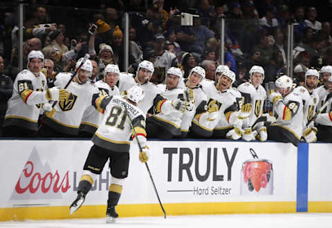 UNIONDALE, NEW YORK – DECEMBER 05: Jonathan Marchessault #81 of the Vegas Golden Knights celebrates his goal at 15:28 of the third period against the New York Islanders at NYCB Live’s Nassau Coliseum on December 05, 2019 in Uniondale, New York. The Islanders defeated the Golden Knights 3-2 in overtime. (Photo by Bruce Bennett/Getty Images)