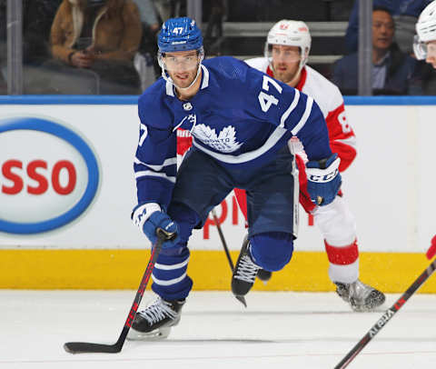 TORONTO, ON – OCTOBER 30: Pierre Engvall #47 of the Toronto Maple Leafs s . (Photo by Claus Andersen/Getty Images)