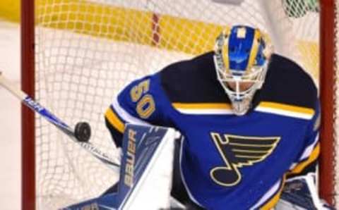 Jan 14, 2016; St. Louis, MO, USA; St. Louis Blues goalie Jordan Binnington (50) makes a save against the Carolina Hurricanes during the third period at Scottrade Center. The Carolina Hurricanes defeat the St. Louis Blues 4-1. Mandatory Credit: Jasen Vinlove-USA TODAY Sports