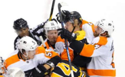 Chris Wagner and Joakim Nordstrom, Boston Bruins and Philippe Myers, Sean Couturier and Justin Braun, Philadelphia Flyers (Mandatory Credit: Andre Ringuette via USA TODAY Sports)