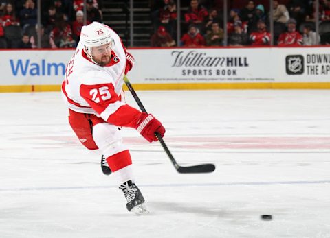 NEWARK, NEW JERSEY – FEBRUARY 13: Mike Green #25 of the Detroit Red Wings skates against the New Jersey Devils at the Prudential Center on February 13, 2020 in Newark, New Jersey. The Devils defeated the Red Wings 4-1. (Photo by Bruce Bennett/Getty Images)