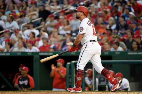 WASHINGTON, DC – JUNE 28: Kyle Schwarber #12 of the Washington Nationals hits a home run against the New York Mets at Nationals Park on June 28, 2021 in Washington, DC. (Photo by Will Newton/Getty Images)