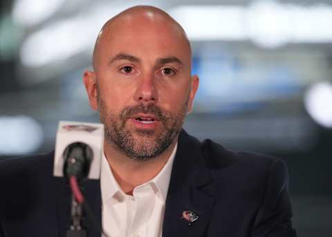 COLUMBUS, OHIO – SEPTEMBER 18: Columbus Blue Jackets Head Coach Pascal Vincent addresses members of the media during media day at Nationwide Arena on September 18, 2023 in Columbus, Ohio. (Photo by Jason Mowry/Getty Images)