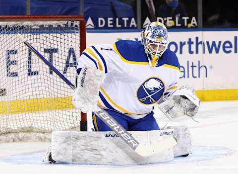 NEW YORK, NEW YORK – APRIL 27: Ukko-Pekka Luukkonen #1 of the Buffalo Sabres skates in warm-ups prior to the game against the New York Rangers at Madison Square Garden on April 27, 2021 in New York City. The Rangers defeated the Sabres 3-1. (Photo by Bruce Bennett/Getty Images)