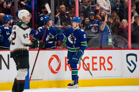 Apr 14, 2022; Vancouver, British Columbia, CAN; Vancouver Canucks forward Vasily Podkolzin (92) celebrates his second goal against the Arizona Coyotes in the second period at Rogers Arena. Mandatory Credit: Bob Frid-USA TODAY Sports