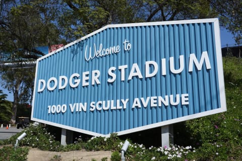 Apr 5, 2022; Los Angeles, California, USA; The Welcome to Dodger Stadium sign at Dodger Stadium at 1000 Vin Scully Avenue. Mandatory Credit: Kirby Lee-USA TODAY Sports