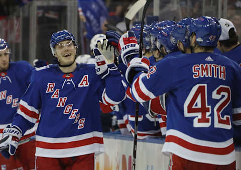 NEW YORK, NEW YORK – DECEMBER 02: Jesper Fast #17 of the New York Rangers returns to the bench after scoring at 17:32 of the first period against the Winnipeg Jets at Madison Square Garden on December 02, 2018 in New York City. (Photo by Bruce Bennett/Getty Images)