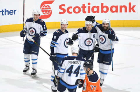 EDMONTON, AB – DECEMBER 31: Bryan Little #18, Jacob Trouba #8, Mathieu Perreault #85, Josh Morrissey #44 and Nikolaj Ehlers #27 of the Winnipeg Jets celebrate after a goal during the game against the Edmonton Oilers on December 31, 2017 at Rogers Place in Edmonton, Alberta, Canada. (Photo by Andy Devlin/NHLI via Getty Images)