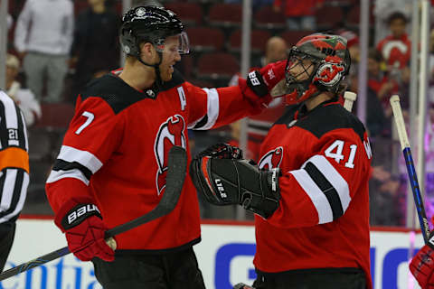 New Jersey Devils defenseman Dougie Hamilton and goaltender Scott Wedgewood (Ed Mulholland-USA TODAY Sports)