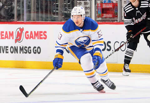 NEWARK, NEW JERSEY – APRIL 11: Jeff Skinner #53 of the Buffalo Sabres against the New Jersey Devils at the Prudential Center on April 11, 2023 in Newark, New Jersey. (Photo by Bruce Bennett/Getty Images)