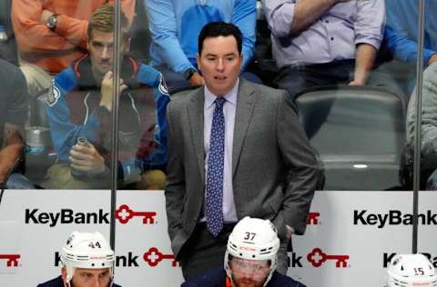 Jun 2, 2022; Denver, Colorado, USA; Edmonton Oilers head coach Jay Woodcroft on the bench in the second period against the Colorado Avalanche of game two of the Western Conference Final of the 2022 Stanley Cup Playoffs at Ball Arena. Mandatory Credit: Ron Chenoy-USA TODAY Sports