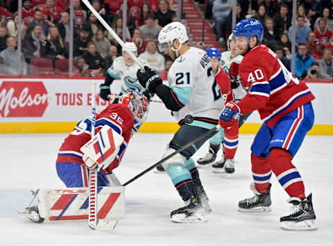 Dec 4, 2023; Montreal, Quebec, CAN; Montreal Canadiens goalie Sam Montembeault. Mandatory Credit: Eric Bolte-USA TODAY Sports