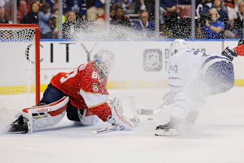 Kasperi Kapanen #24 of the Toronto Maple Leafs has his shot on goal saved by Chris Driedger #60 of the Florida Panthers (Photo by Michael Reaves/Getty Images)