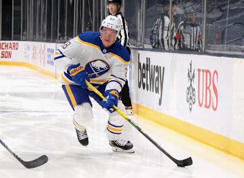 UNIONDALE, NEW YORK – FEBRUARY 22: Victor Olofsson #68 of the Buffalo Sabres skates against the New York Islanders at the Nassau Coliseum on February 22, 2021 in Uniondale, New York. (Photo by Bruce Bennett/Getty Images)