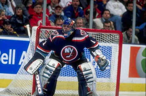 20 Nov 1997: Eric Fichaud #1 of the New York Islanders in action during a game against the New Jersey Devils at the Continental Airlines Arena in East Rutherford, New Jersey. The Devils defeated the Islanders 5-1. Mandatory Credit: Al Bello /Allsport