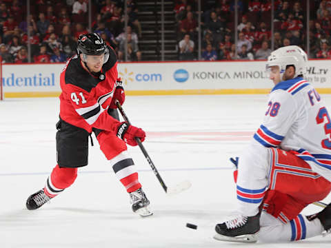 Michael McLeod #41 of the New Jersey Devils. (Photo by Bruce Bennett/Getty Images)