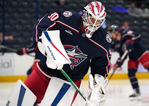 COLUMBUS, OHIO – OCTOBER 05: Spencer Martin #30 of the Columbus Blue Jackets skates in warm-ups prior to the preseason game against Washington Capitals at Nationwide Arena on October 05, 2023 in Columbus, Ohio. (Photo by Jason Mowry/Getty Images)