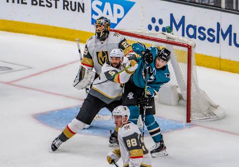 SAN JOSE, CA – APRIL 18: San Jose Sharks right wing Timo Meier (28) tangles with Vegas Golden Knights defenseman Deryk Engelland (5) in front of the net during Game 5, Round 1 between the Vegas Golden Knights and the San Jose Sharks on Thursday, April 18, 2019 at the SAP Center in San Jose, California. (Photo by Douglas Stringer/Icon Sportswire via Getty Images)