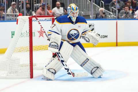 Oct 14, 2023; Elmont, New York, USA; Buffalo Sabres goaltender Devon Levi (27) tends net in the second period against the New York Islanders at UBS Arena. Mandatory Credit: Wendell Cruz-USA TODAY Sports