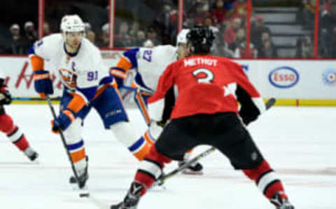 New York Islanders forward John Tavares (91) plays the puck and Ottawa Senators defenseman Marc Methot (3)defends. Methot is available in the NHL Expansion Draft. (Eric Bolte-USA TODAY Sports)