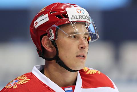 SOCHI, RUSSIA – AUGUST 9, 2017: Russian Olympic team’s defenceman Maxim Chudinov (and formed Boston Bruins draft pick) ahead of their Sochi Hockey Open 2017 final match against SKA St Petersburg at the Bolshoi Ice Palace. Artyom Korotayev/TASS (Photo by Artyom KorotayevTASS via Getty Images)