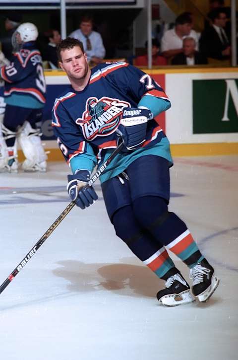 Brett Lindros #75 of the New York Islanders (Photo by Graig Abel/Getty Images)