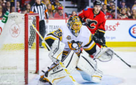 Mar 13, 2017; Calgary, Alberta, CAN; Pittsburgh Penguins goalie Marc-Andre Fleury (29) guards his net against the Calgary Flames during the second period at Scotiabank Saddledome. Mandatory Credit: Sergei Belski-USA TODAY Sports