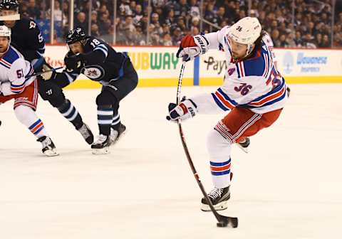 WINNEPEG, MB – FEBRUARY 11: New York Rangers Right Wing Mats Zuccarello (36) would find the back of the net on the shot for a 1st period goal during a NHL game between the Winnipeg Jets and New York Rangers on February 11, 2018 at Bell MTS Centre in Winnepeg, MB.(Photo by Nick Wosika/Icon Sportswire via Getty Images)