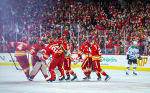 May 15, 2022; Calgary, Alberta, CAN; Calgary Flames celebrate win over the Dallas Stars in game seven of the first round of the 2022 Stanley Cup Playoffs at Scotiabank Saddledome. Mandatory Credit: Sergei Belski-USA TODAY Sports