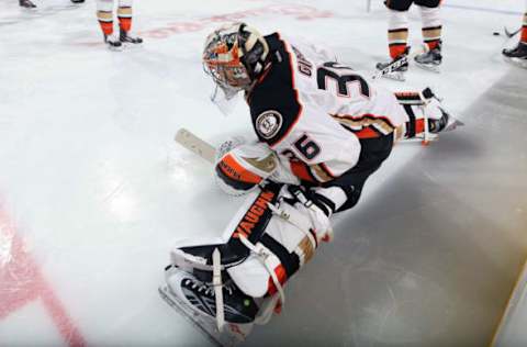 PHILADELPHIA, PA: John Gibson #36 of the Anaheim Ducks stretches during warm-ups prior to his game against the Philadelphia Flyers on February 9, 2016. (Photo by Len Redkoles/NHLI via Getty Images)